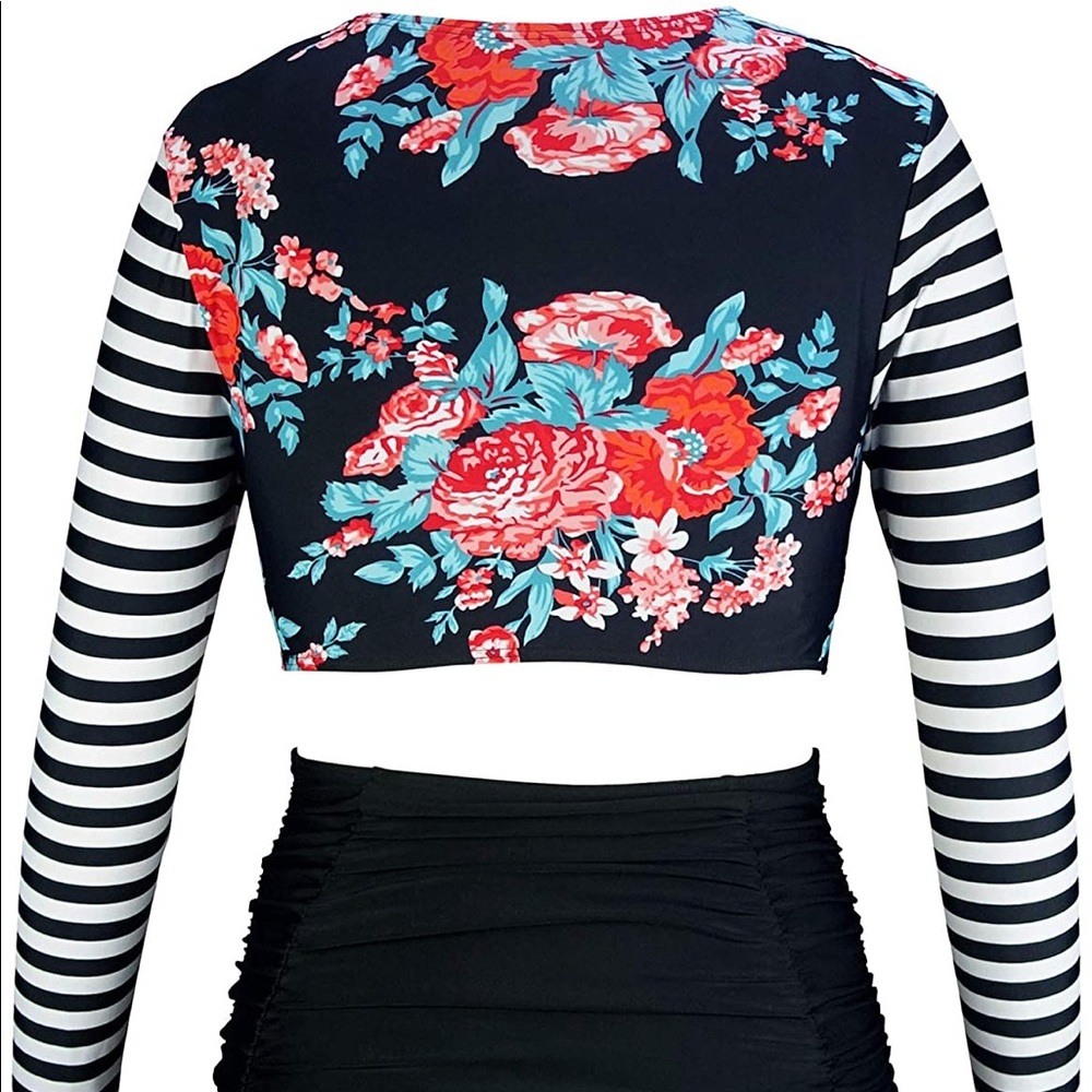 Rash guard long sleeve swimsuit, high bottoms.